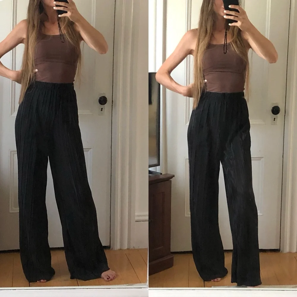 Black Pleated Wide-Leg Women's Boho-Style Pants S - Picture 1 of 7